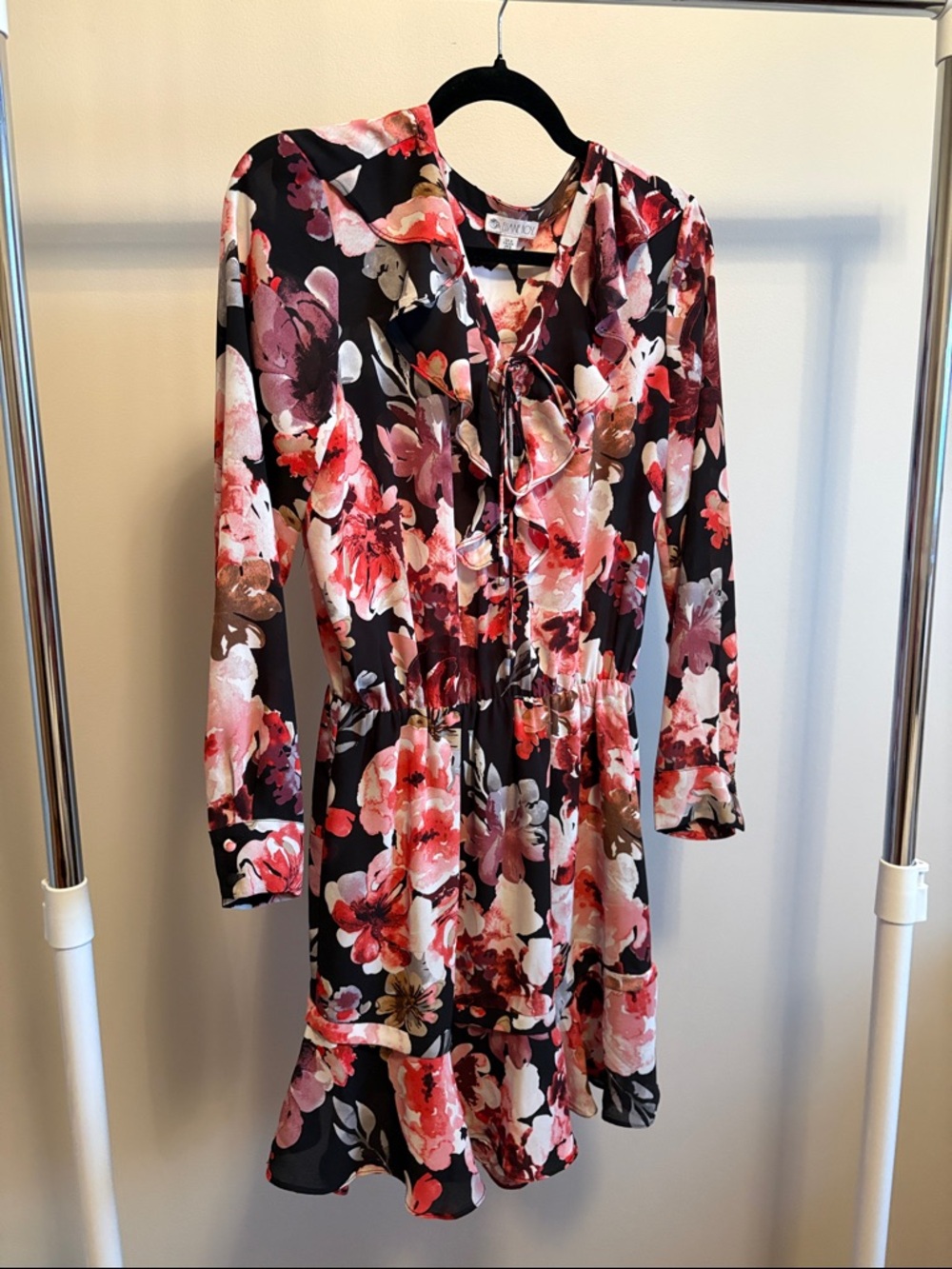 Floral Tie-Neck Long Sleeve Dress - Black/Pink Floral